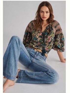 Anthropologie Eze Sur Mer Floral Embroidered Peasant Blouse  - Size S